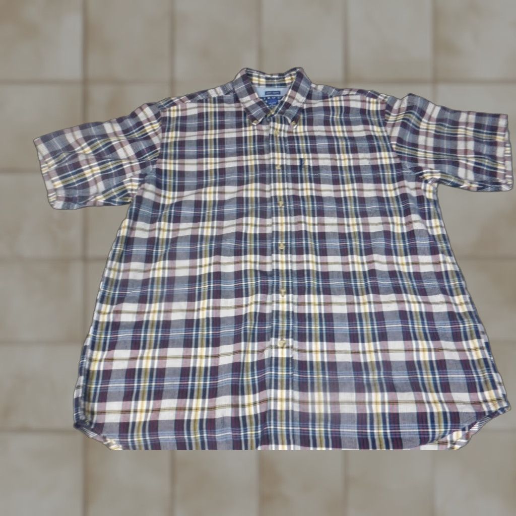 Izod IZOD Shirt Button-Up Mens Large Blue Plaid Short Sleeve Classic Collar Down Casual Regular Button-Navy Blue, Cotton, Knit, Breathable, Vintage: No Size US L / EU 52-54 / 3 - 1 Thumbnail