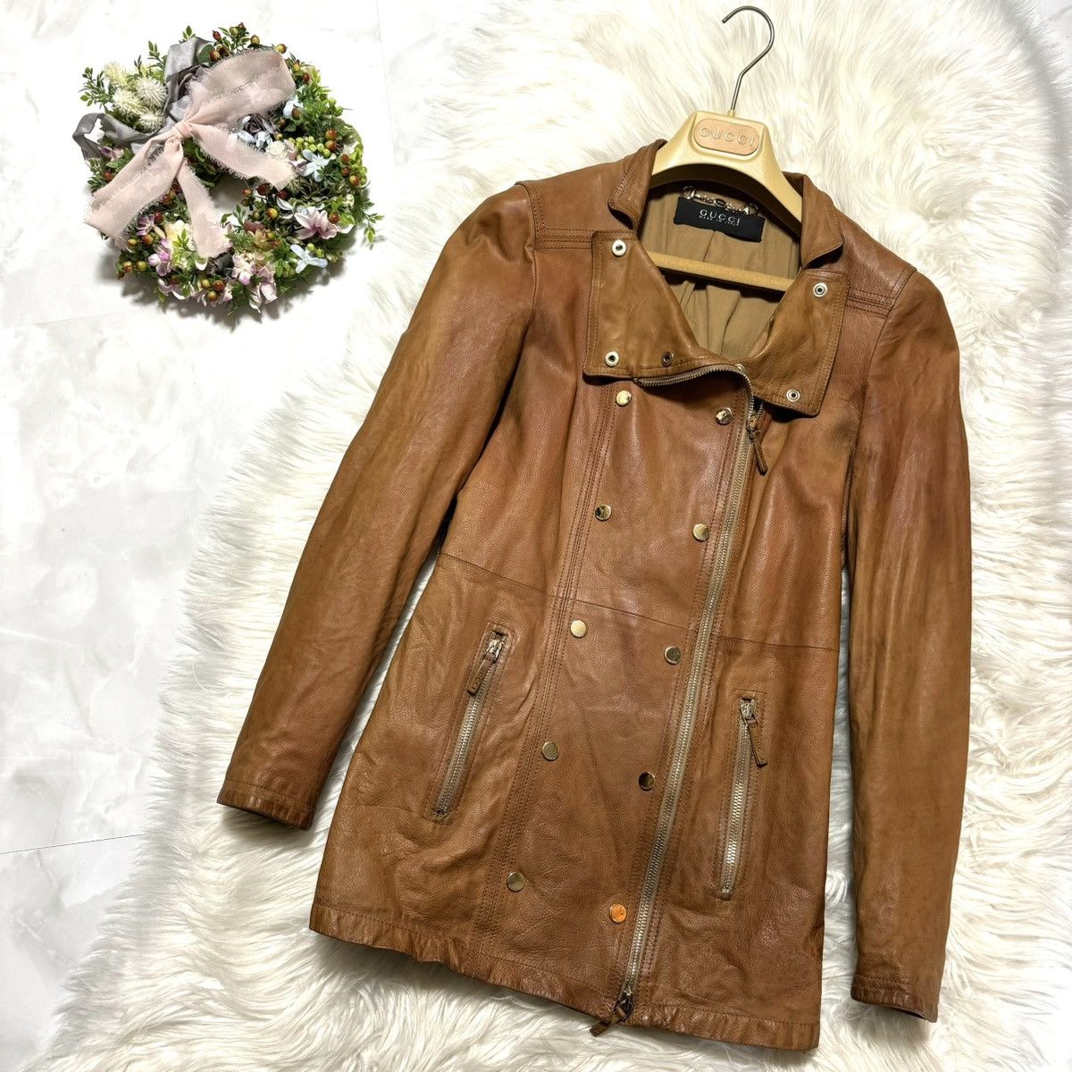 image of Gucci W-Zip Multi-Button Leather Blouson Jacket 36 in Camel, Women's (Size XS)