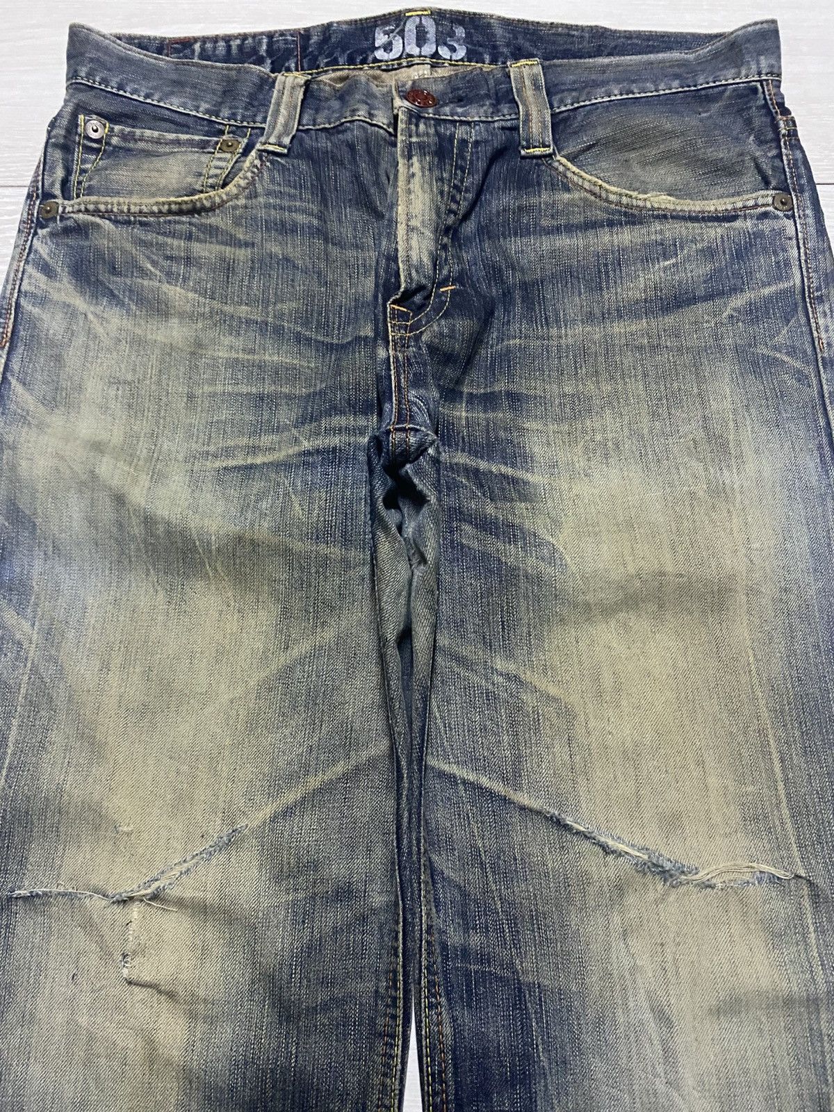 Junya Watanabe Vintage Edwin 503 Blue Trip Thunder Mud Wash Baggy Jeans Size US 36 / EU 52 - 3 Thumbnail