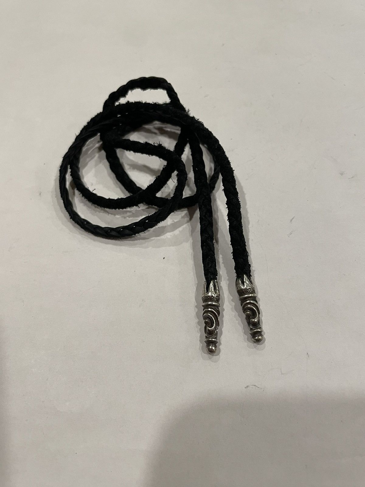 image of Chrome Hearts Leather Bracelet Bolo Tie Braid Silver Tips in Black/Silver, Men's