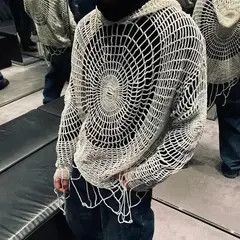 Designer Y2K Spider Web with Holes Hooded Pullover Knitted Sweater Size US XL / EU 56 / 4 - 6 Thumbnail