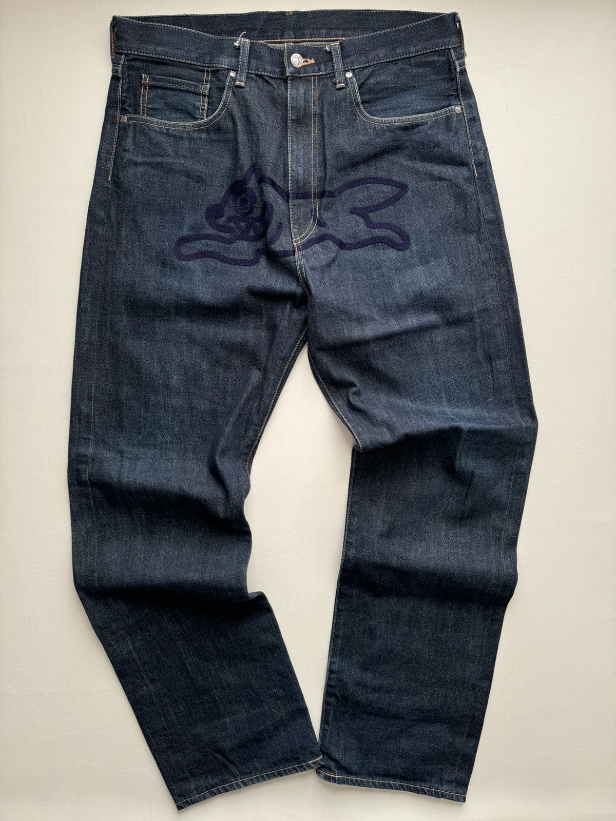 image of Billionaire Boys Club Season 2 Ice Cream Embroidered Running Dog Jeans in Indigo, Men's (Size 34)