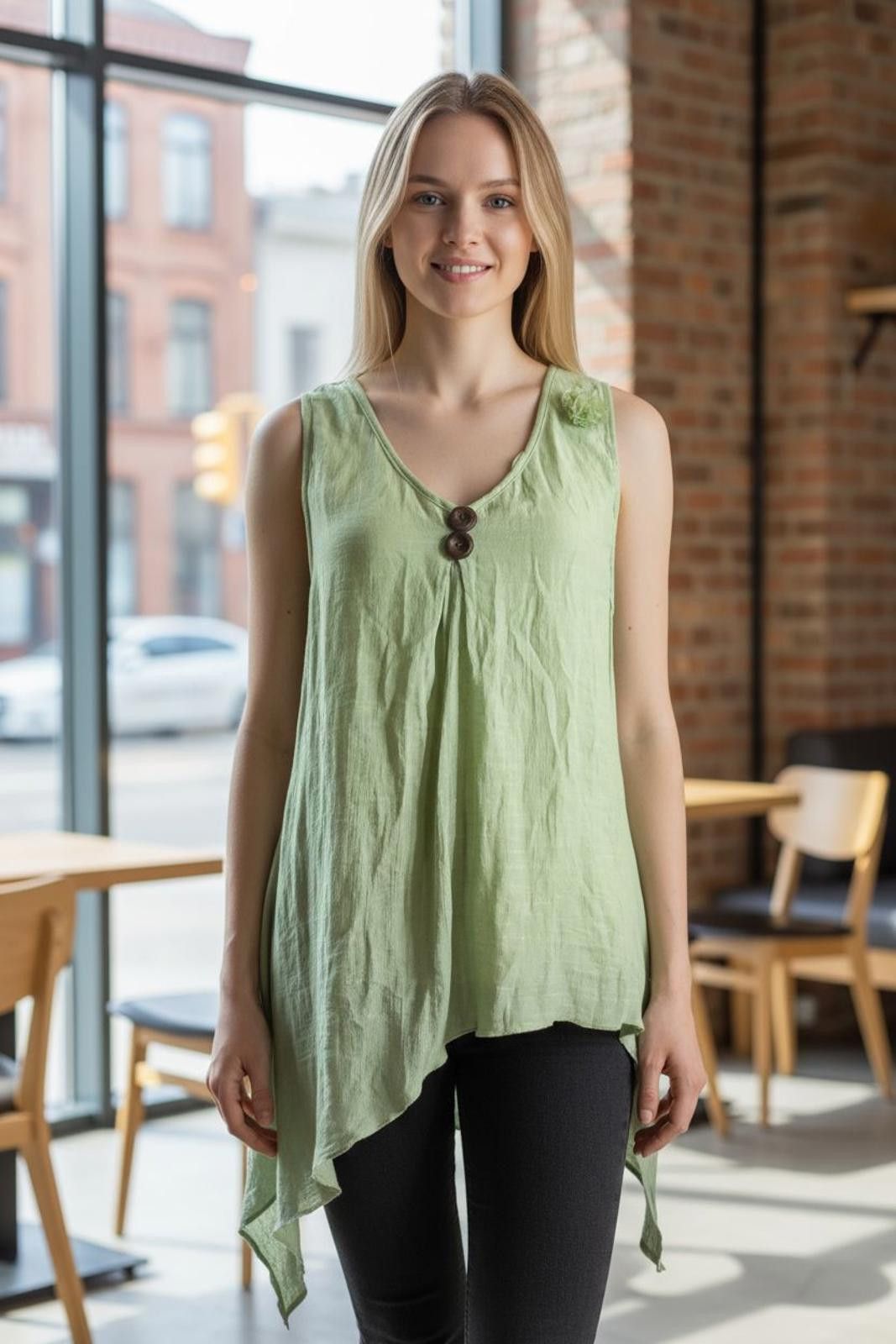 Designer Adorn Green Sleeveless Asymmetric Hem Women's Top Size M / US 6-8 / IT 42-44 - 1 Thumbnail