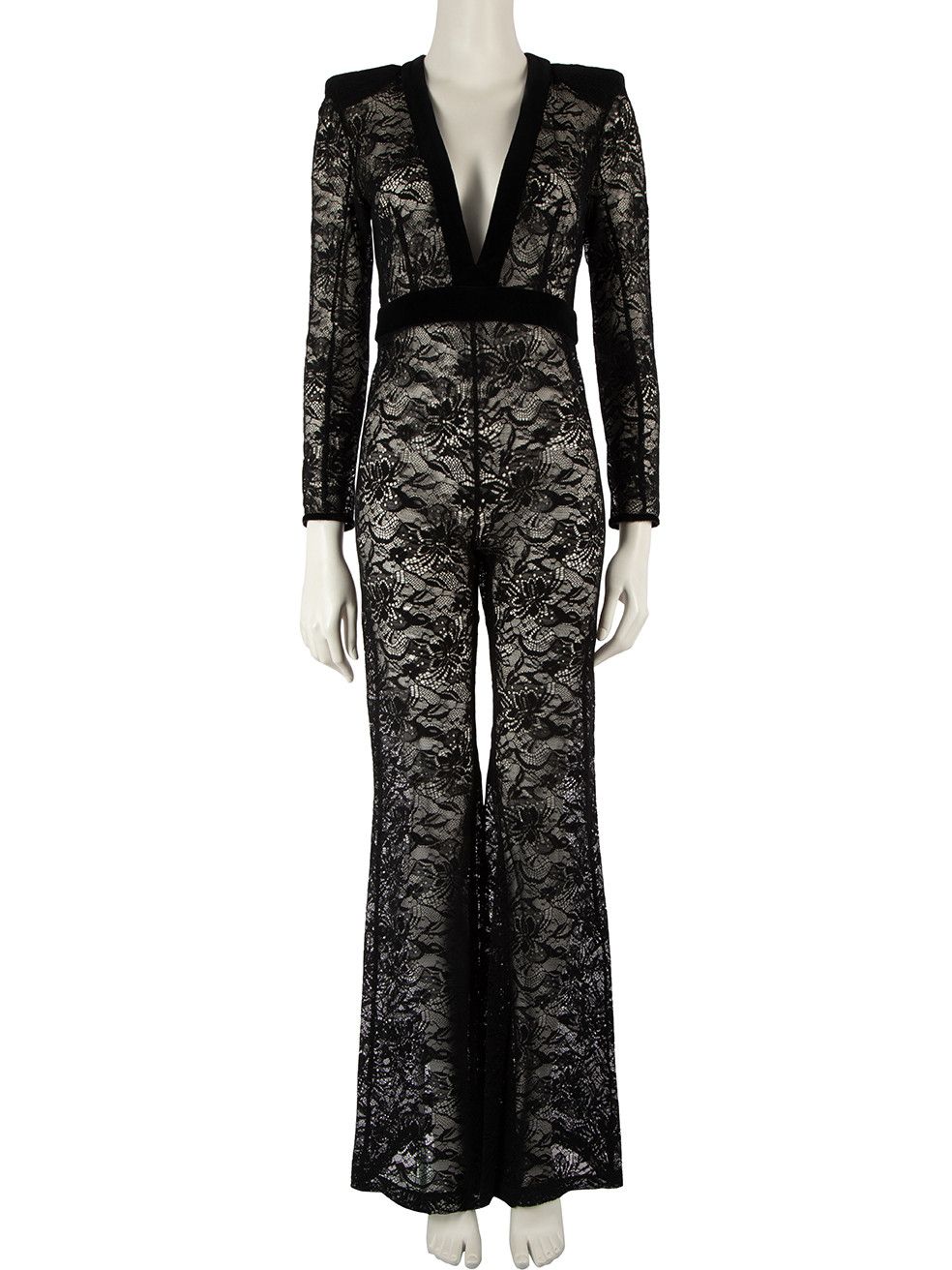 image of Balmain Black Lace Velvet Trimmed Jumpsuit, Women's (Size 28)