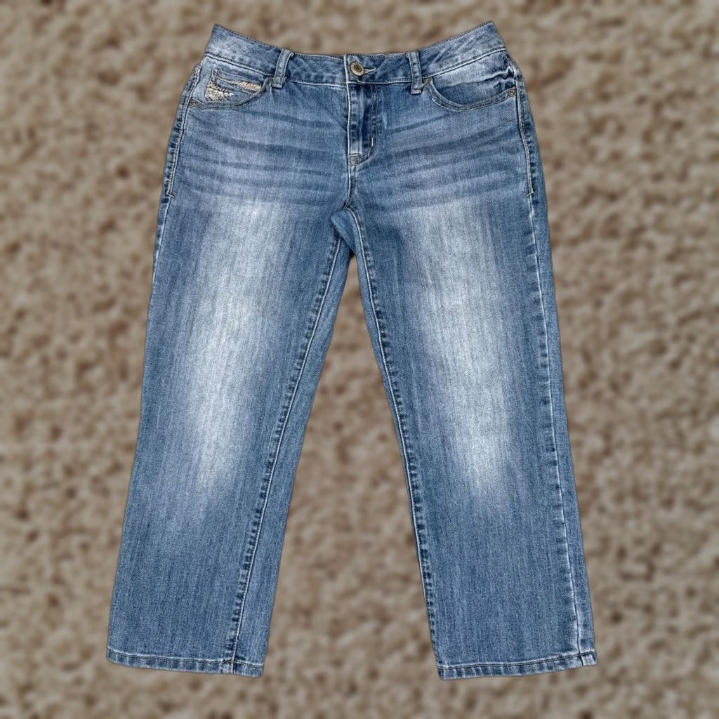 Vintage Maurices Jeans Womens Capri Cotton Blue Denim 2 29x23 Low Embroidered 5-Pocket Distressed Comfort Stretch Size 26" / US 2 / IT 38 - 1 Thumbnail