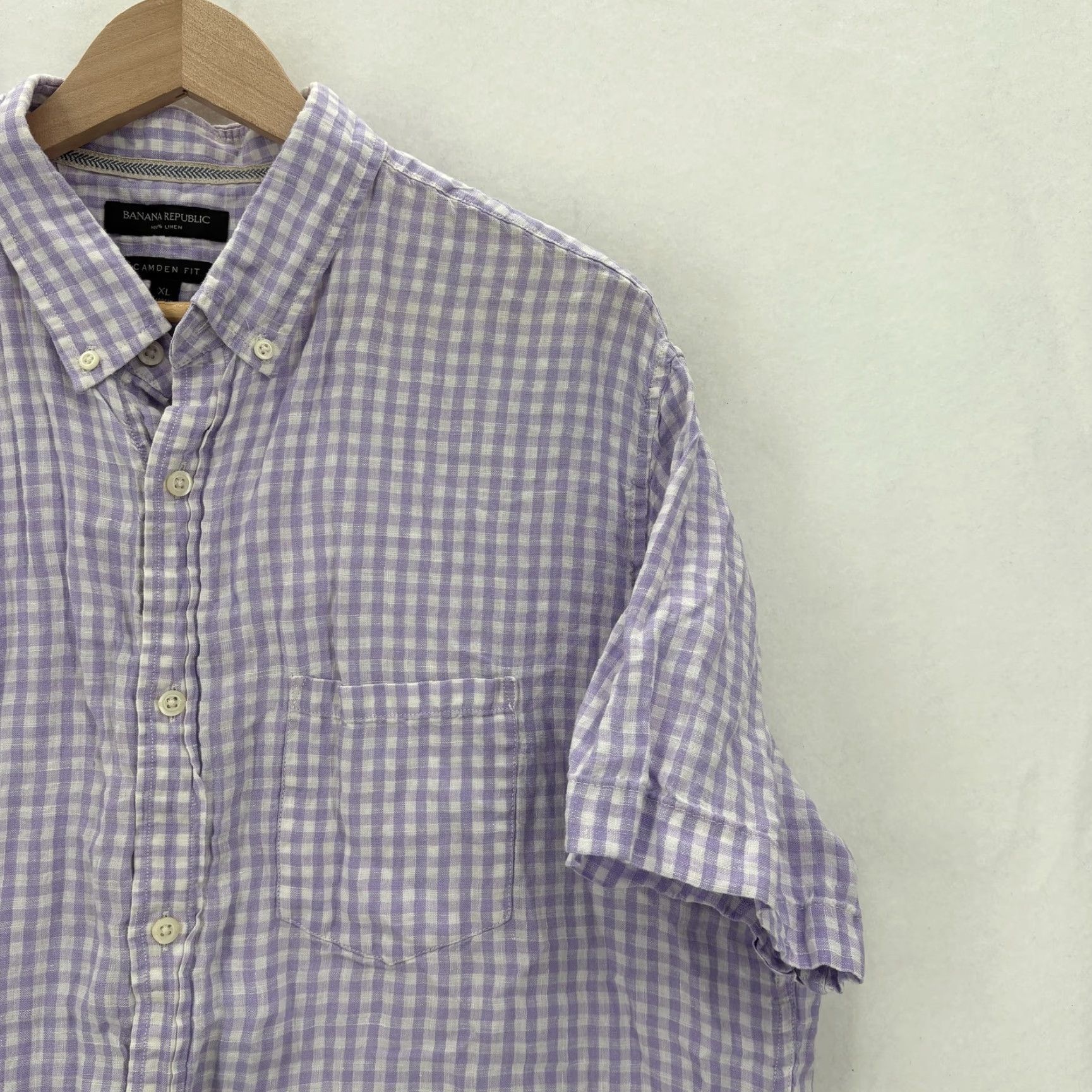 Banana Republic Banana Republic Shirt Mens XL Purple Check Short Sleeve Button Up Camden Linen Size US XL / EU 56 / 4 - 2 Thumbnail