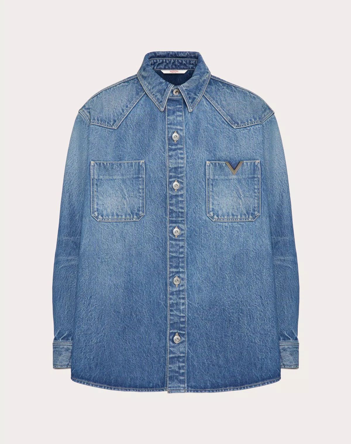 Valentino oc11z0725 Denim Shirt With Metallic V Detail in Medium Blue Size US M / EU 48-50 / 2 - 1 Thumbnail