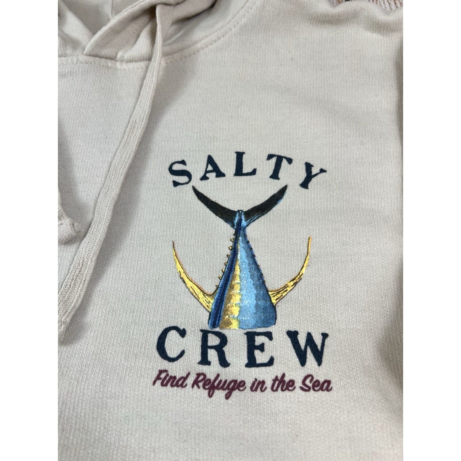 Vintage Salty Crew Hoodie Small Tan Beige Pullover Fleece Hooded Graphic Print Pockets Logo Mens Size US S / EU 44-46 / 1 - 4 Thumbnail