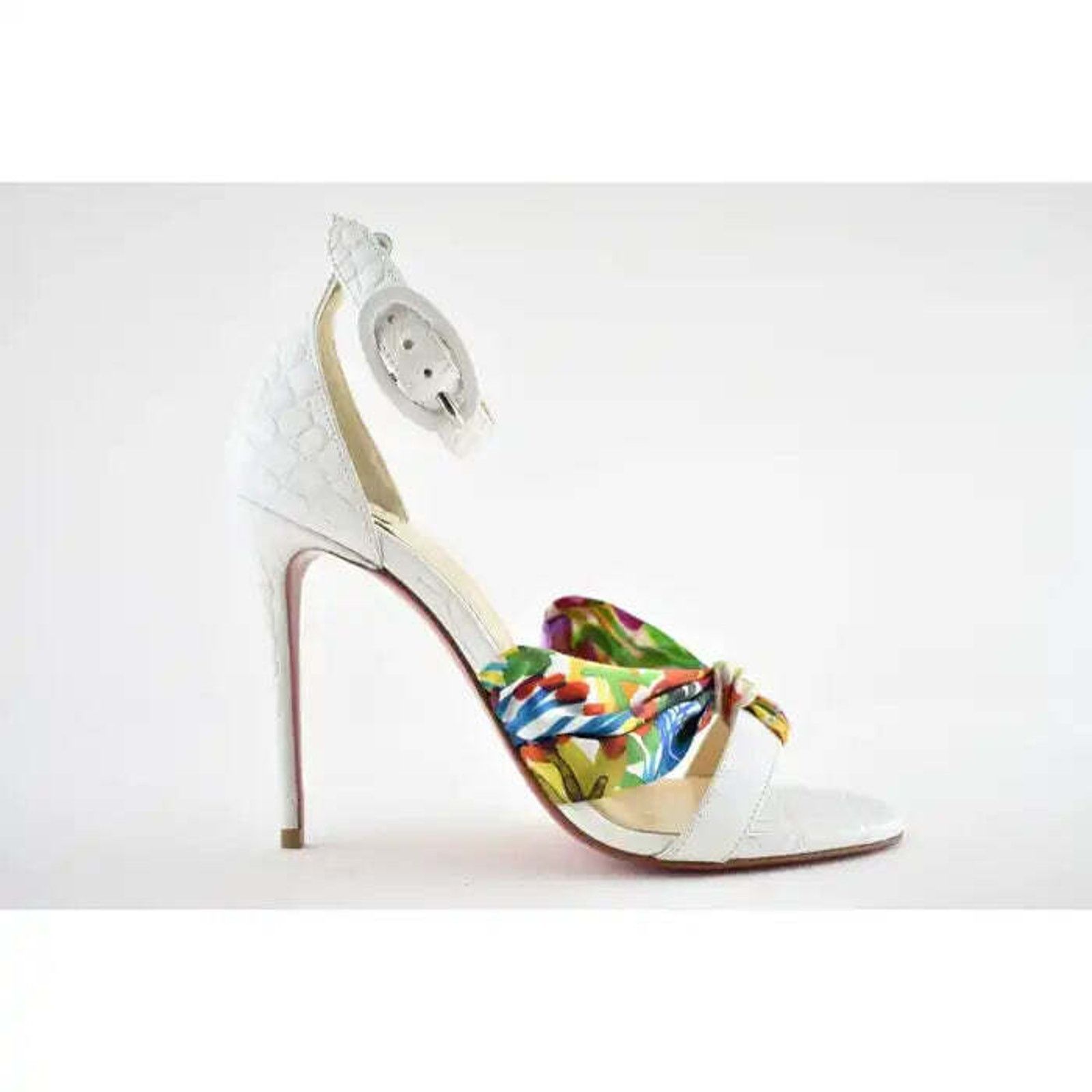 Christian Louboutin Ruban 100 White Croc Satin Ankle Strap Sandal Heel Pump 37 Size US 7 / IT 37 - 2 Thumbnail