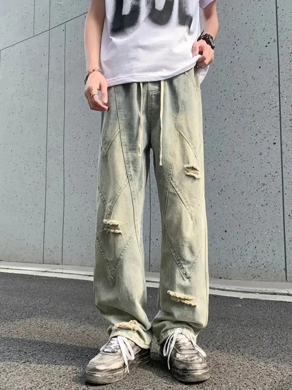 Japanese Brand Retro patchwork straight leg distressed jeans Size US 32 / EU 48 - 1 Thumbnail