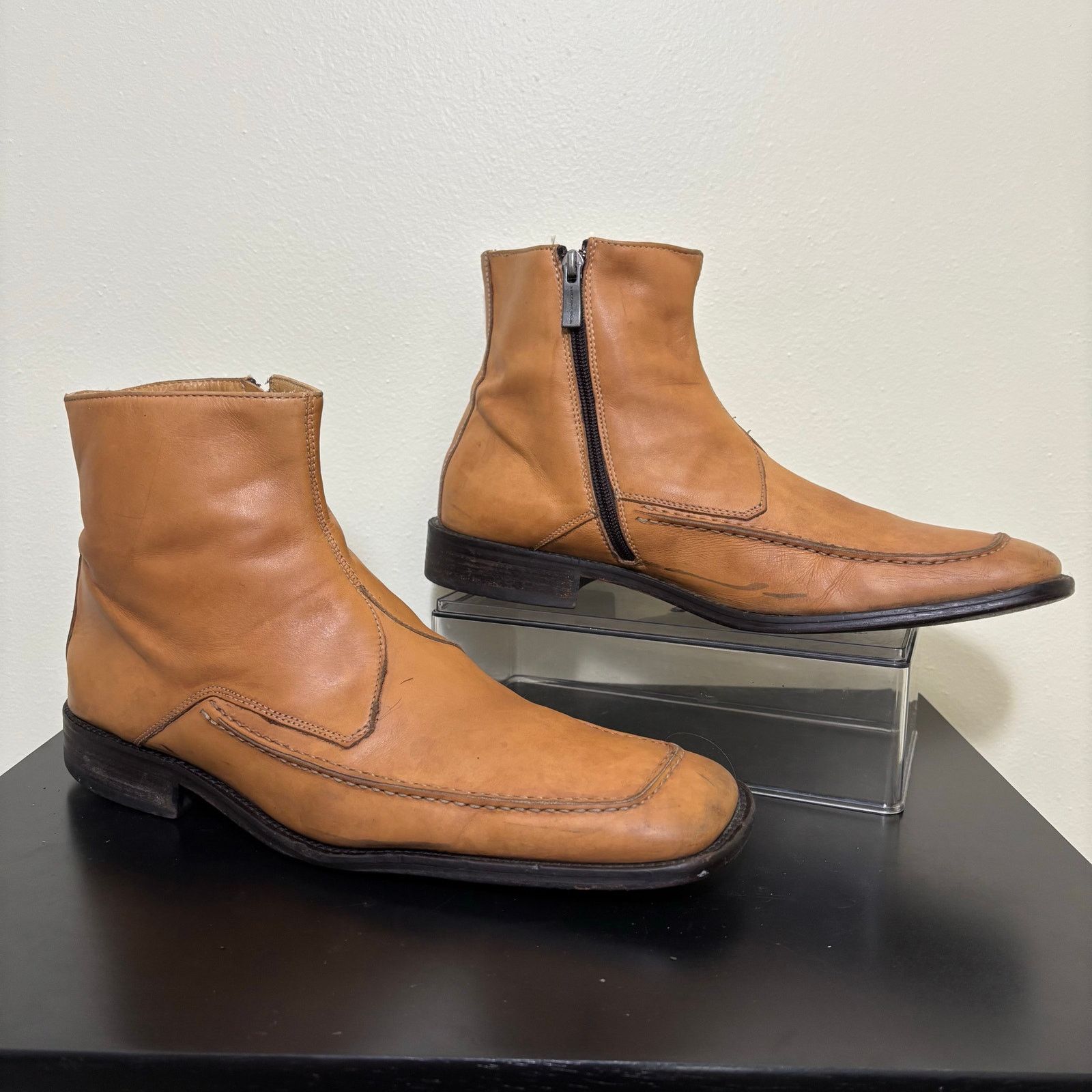 Kenneth Cole Men’s Leather Zip Ankle Boots 11.5 Tan Moc Toe