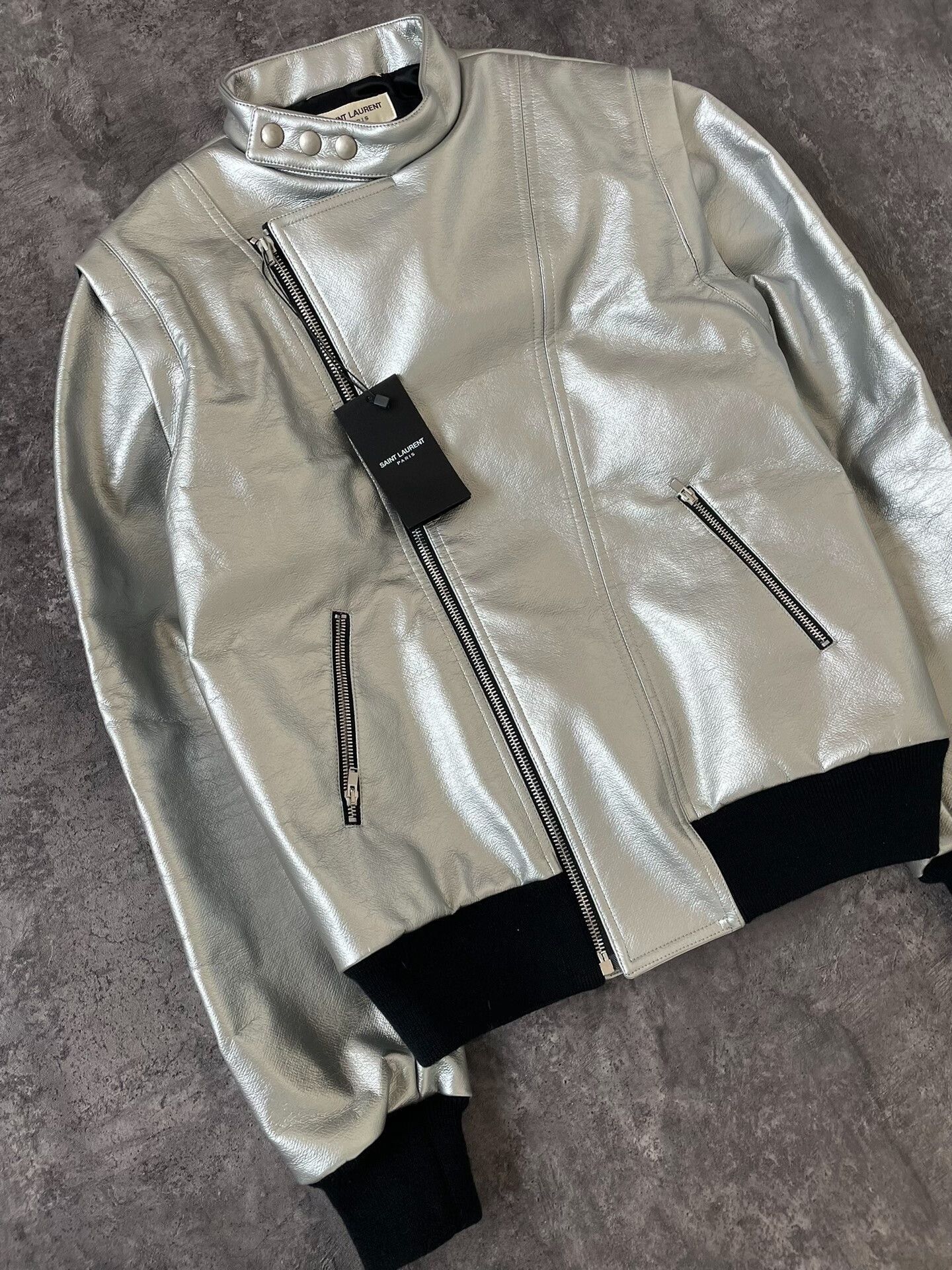 Saint Laurent Paris silver lambskin biker jacket by Saint Laurent. Size US M / EU 48-50 / 2 - 3 Thumbnail