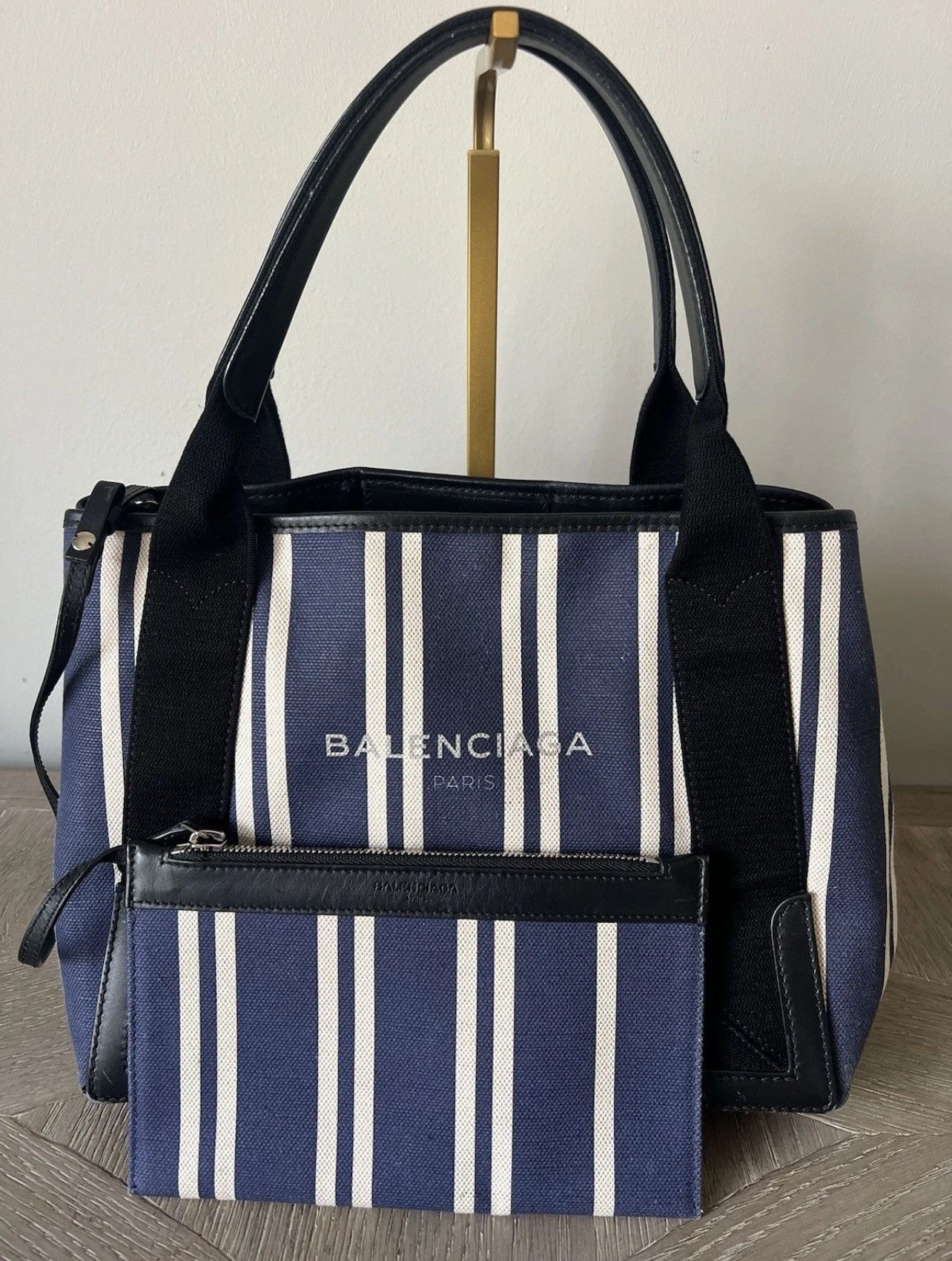 Authentic Balenciaga Denim Blue & Black Tote Bag W/ Pouch, Women's