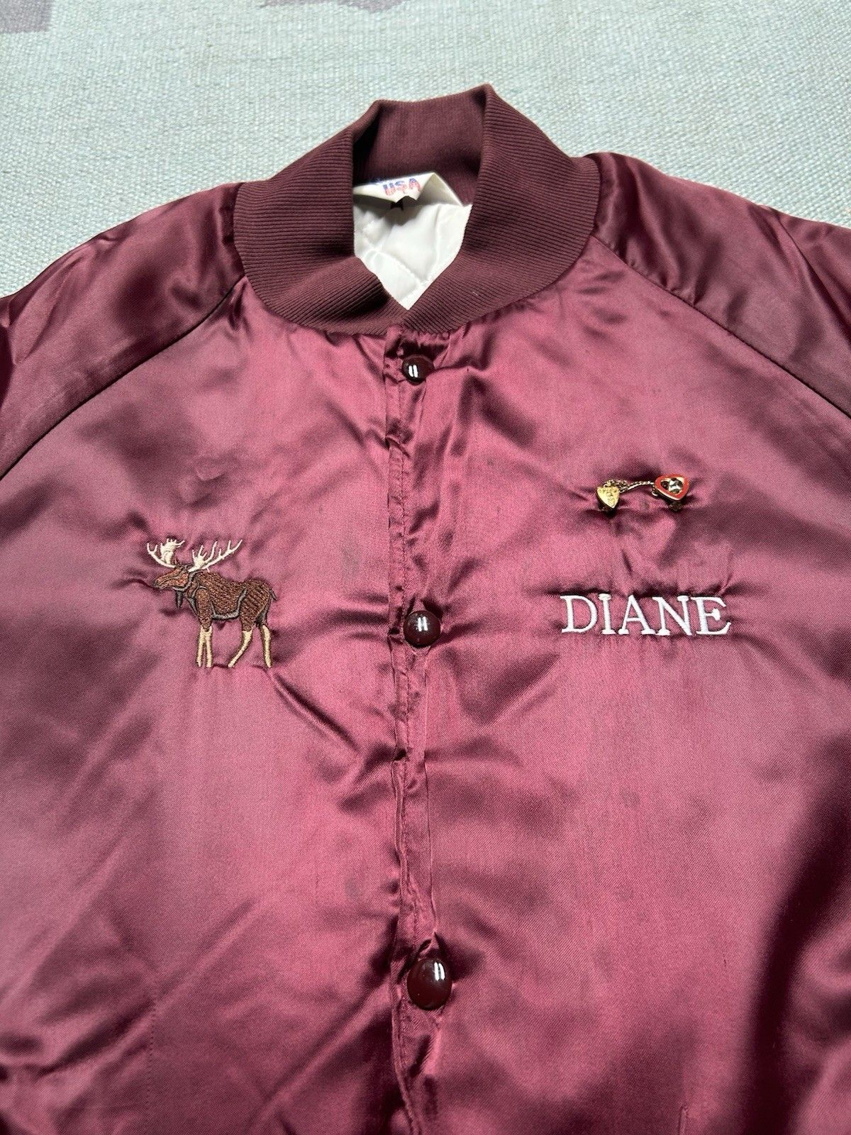 Vintage 80s satin bomber jacket Mancelona Michigan embroider moose L Size US L / EU 52-54 / 3 - 8 Thumbnail