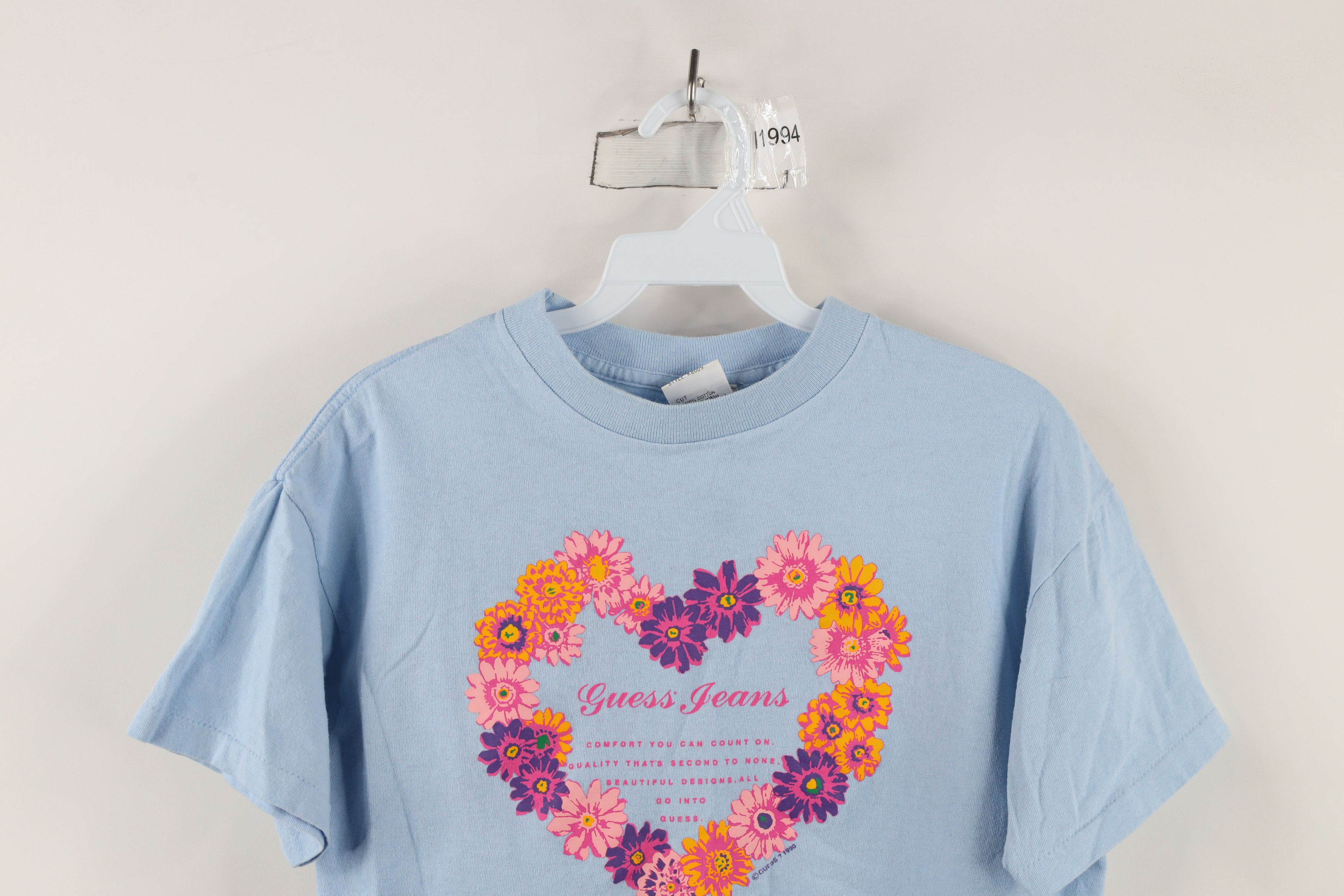 Guess × Vintage Vintage 90s Guess Heart Flower T-Shirt Blue Cotton USA Size M / US 6-8 / IT 42-44 - 2 Thumbnail