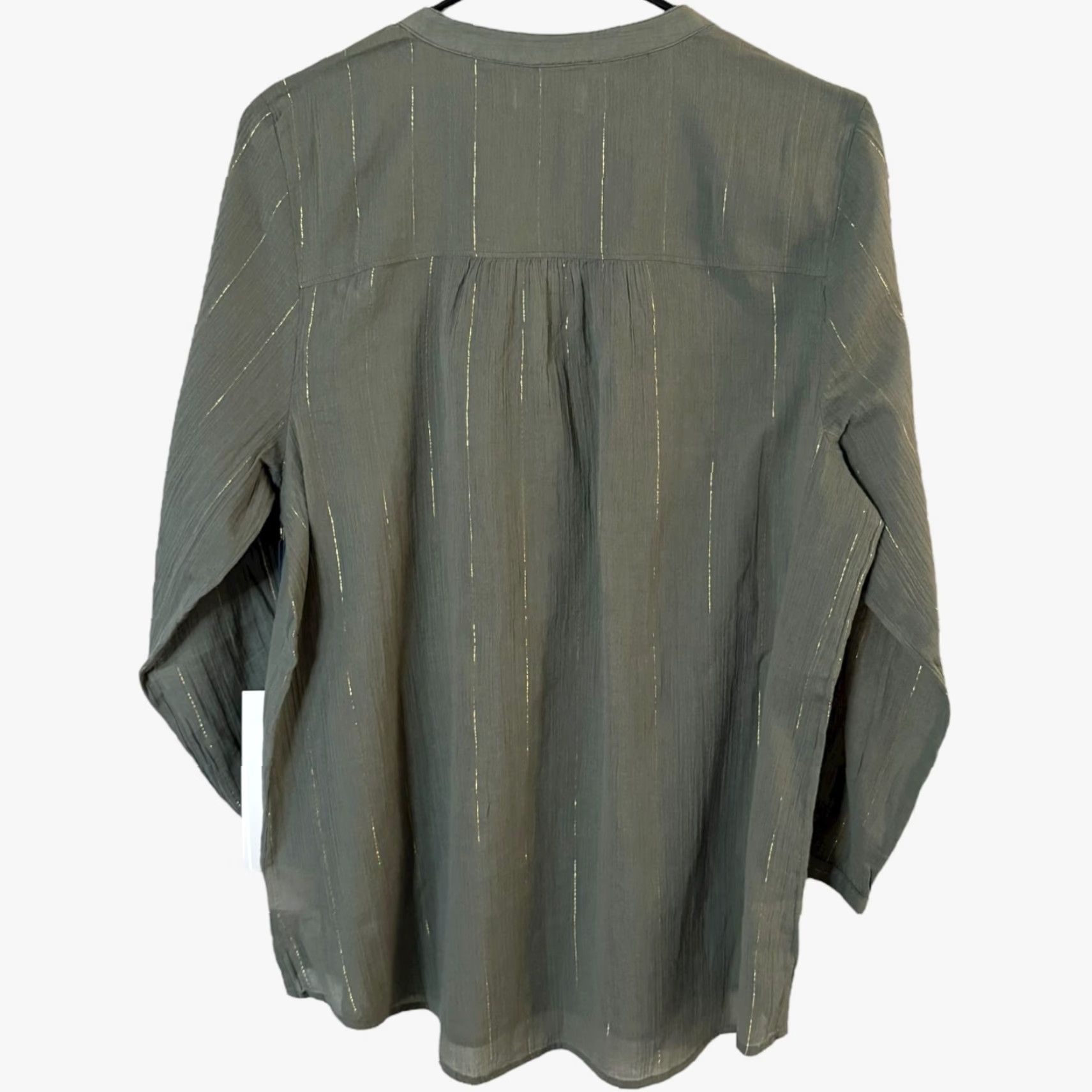 Vintage Carve Designs Tunic Women Medium Green Organic Cotton Metallic Stripe Beach Bohemian Lightweight V-Neck Long Sleeve Casual Travel Size M / US 6-8 / IT 42-44 - 4 Thumbnail