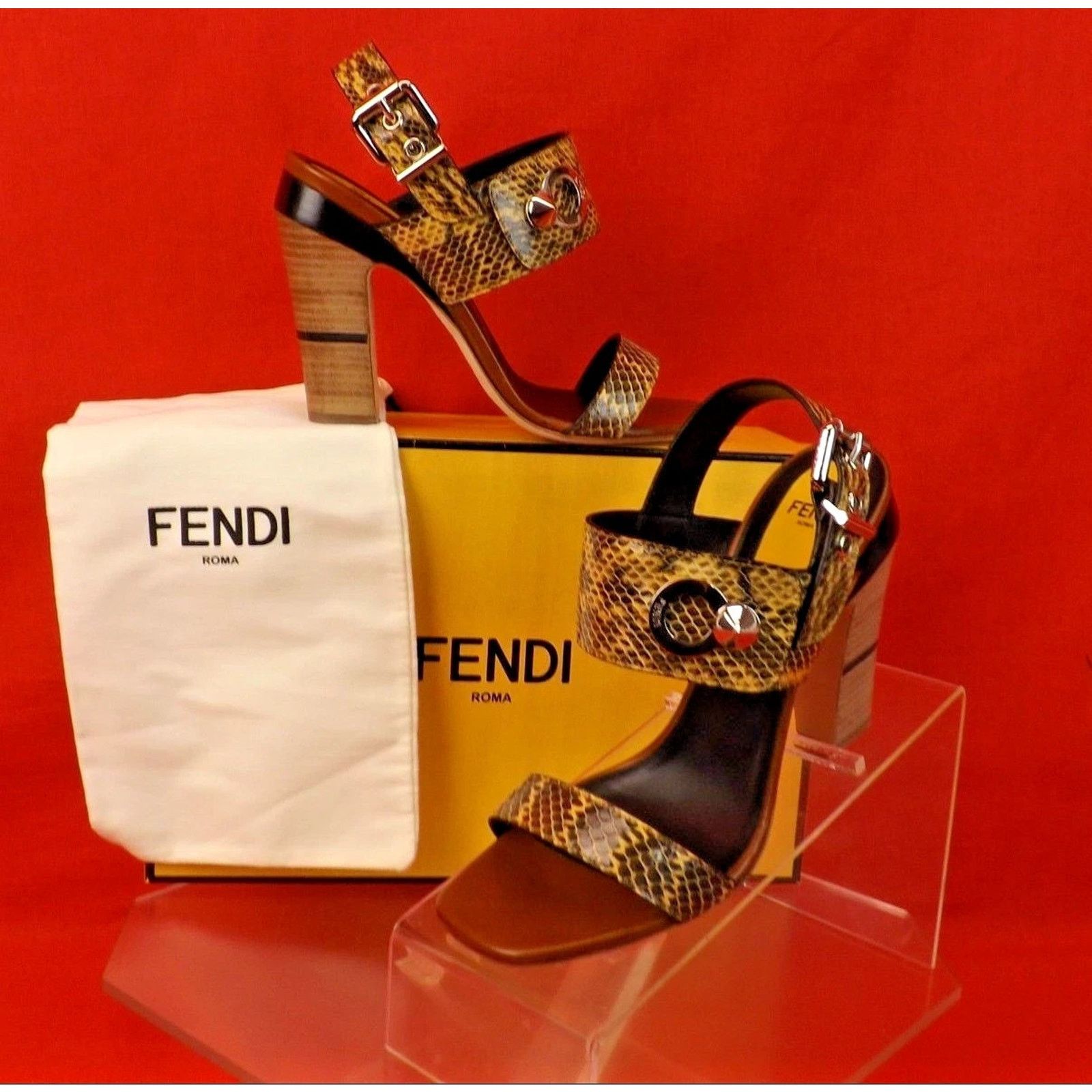 Nib Fendi Brown Python Leather Studded Sandals Pumps 39 $1k, Women's