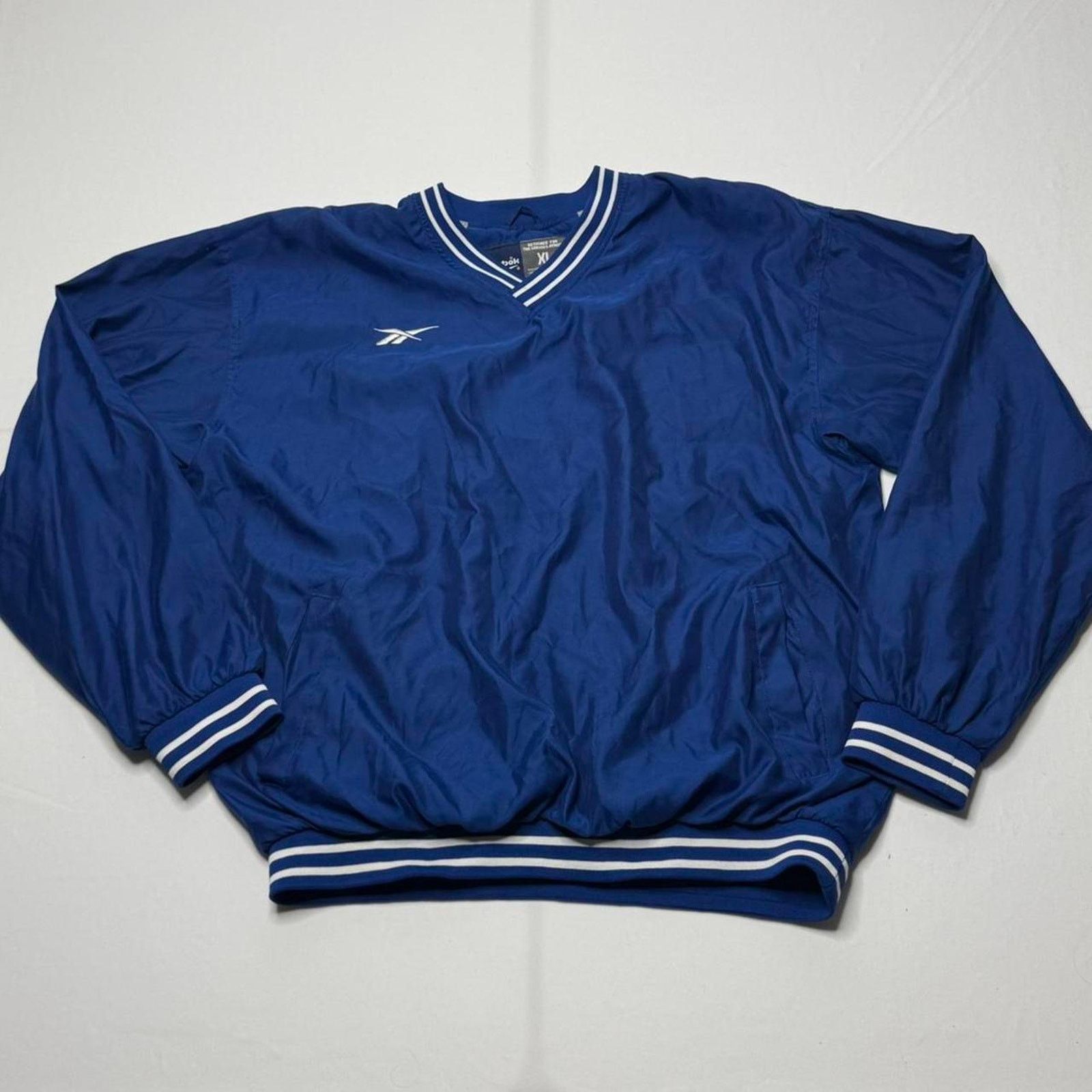 Vintage Reebok Pullover Windbreaker XL Blue Striped Cuffs
