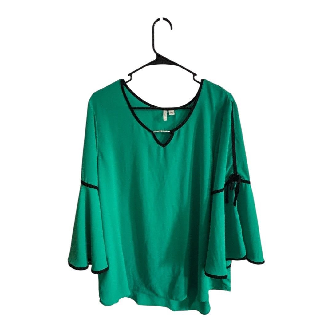 Coldwater Creek Green Flowy Blouse with Black Trim & Bell Sleeves – Women’s Size XL / US 12-14 / IT 48-50 - 1 Thumbnail