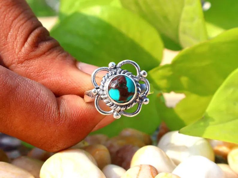 Handmade Turquoise Silver Ring, Flower Gemstone, December Birthstone Size ONE SIZE - 3 Thumbnail