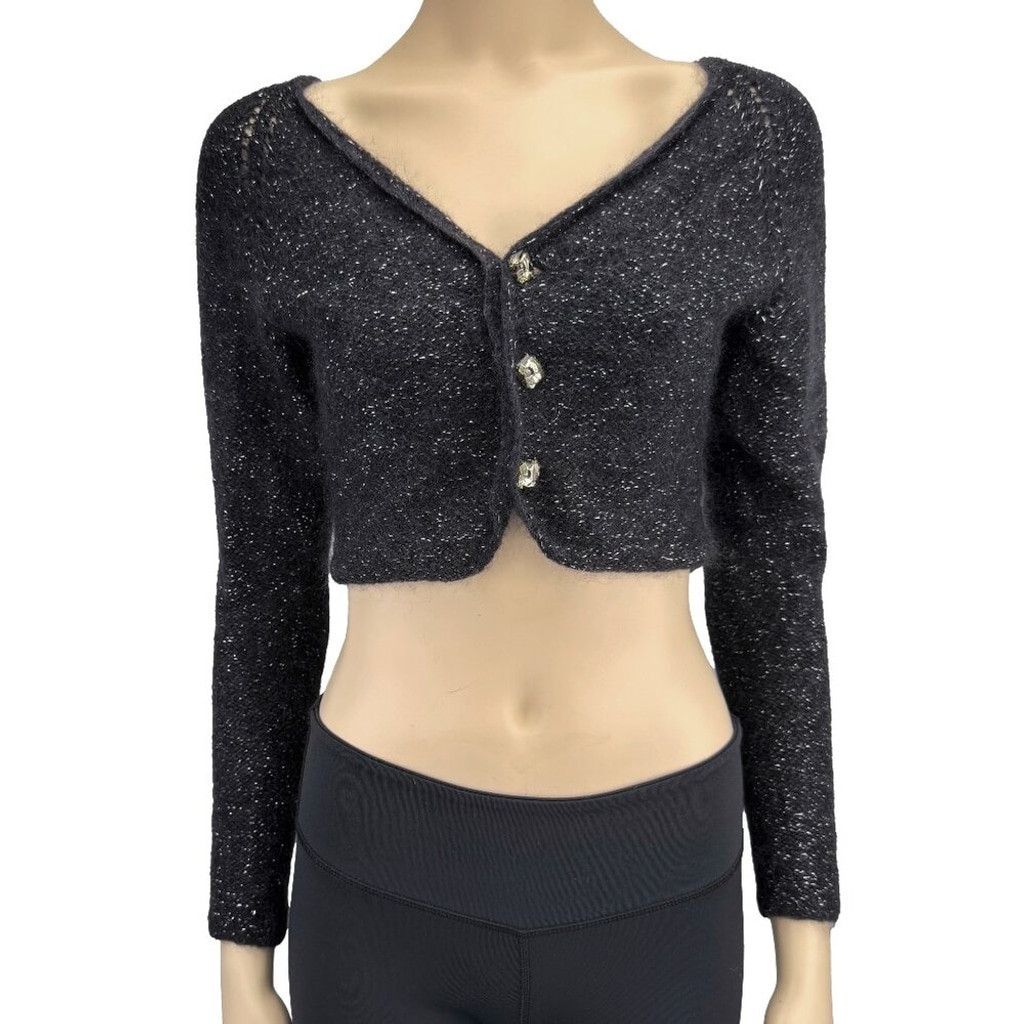 The Unbranded Brand SOFT Mohair Alpaca Shiny Cropped Knit Charcoal Cardigan XS Size XXS / US 00 / IT 34 - 1 Thumbnail