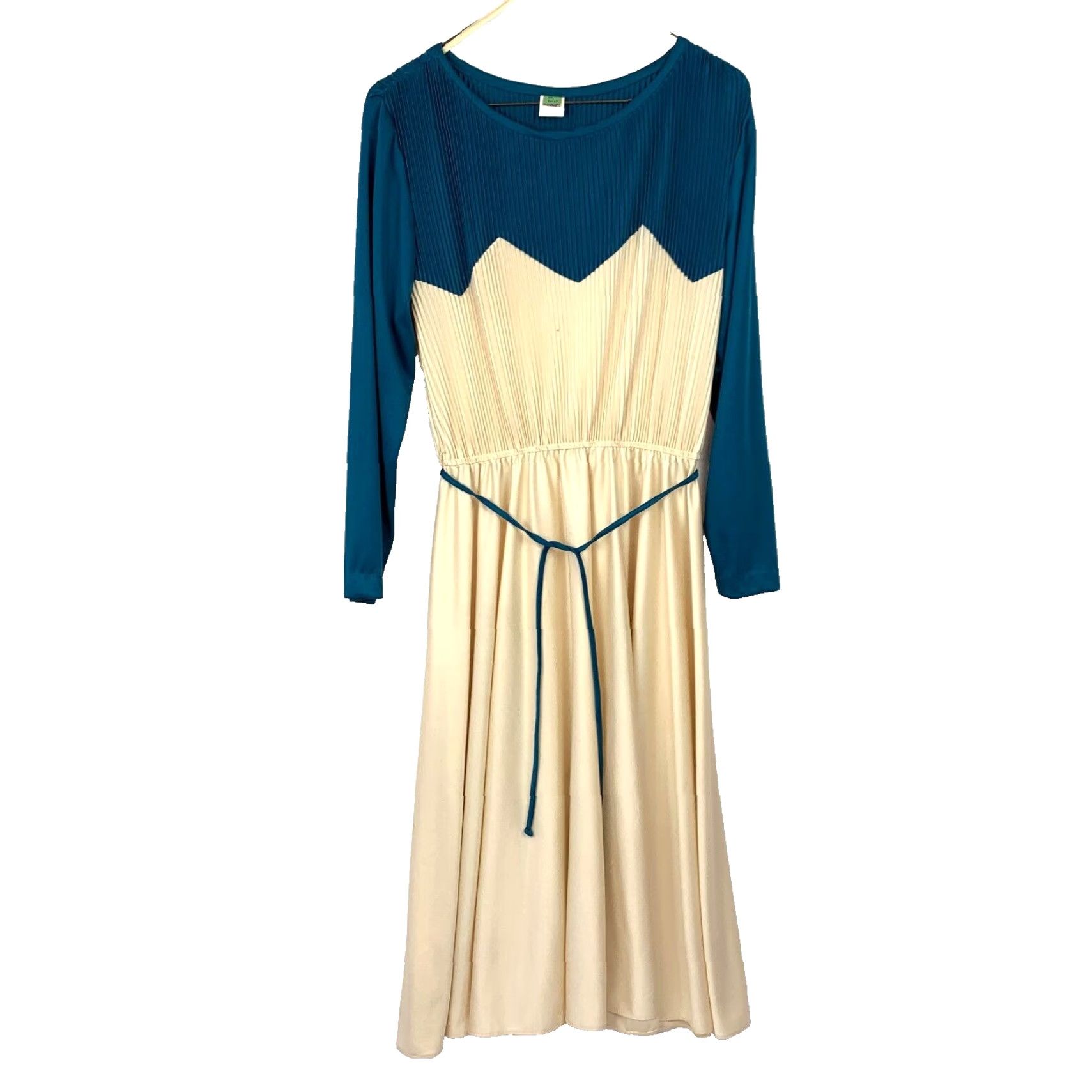 Vintage VINTAGE Union Made 70s Pleated Chevron Fit & Flare Evening Dress Size 13 Cream Teal Size XL / US 12-14 / IT 48-50 - 2 Thumbnail