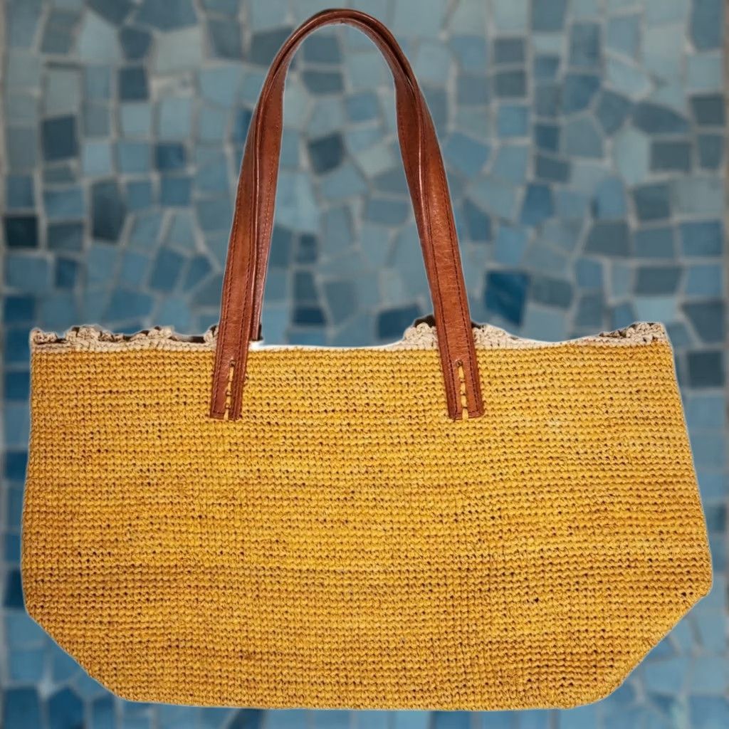 Vintage VINTAGE Mar Y Sol Handmade Hand Bag 100% Crocheted Raffia Sunflower Leather Handles New with Tags Size ONE SIZE - 1 Thumbnail