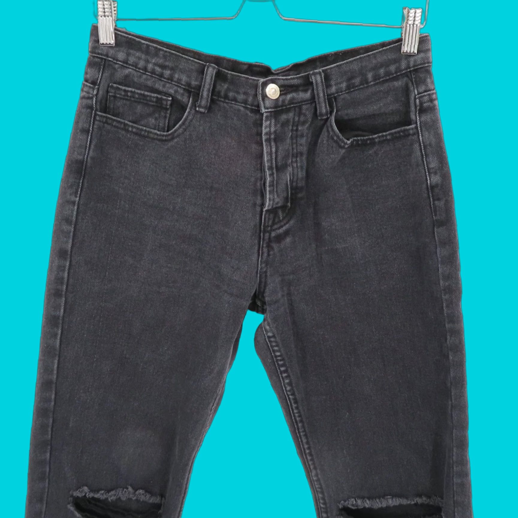 PRINCESS POLLY Princess Polly Womens Jeans 8 Black Dark Gray Denim Button Fly Distressed Raw 90s Straight Jeans Womens Size 30" / US 8 / IT 44 - 1 Thumbnail
