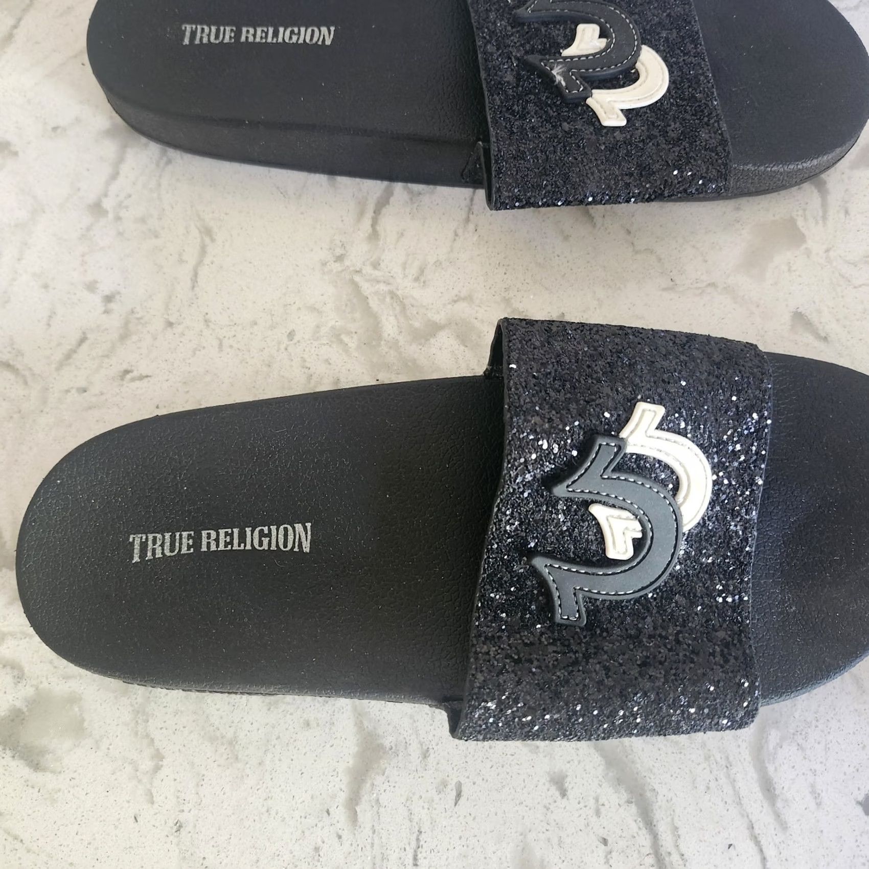 True Religion True Religion Slides Mens 11 Black Glitter Logo Sandals Size ONE SIZE - 6 Thumbnail