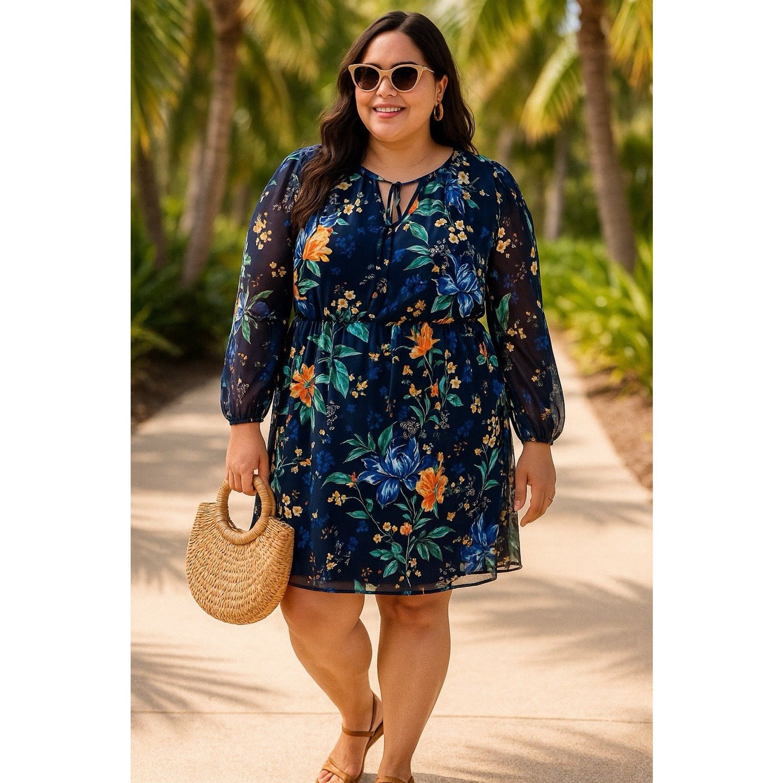 Other Ava & Viv 1X Navy Floral Dress Sheer Sleeves & Tie Neck Size XL / US 12-14 / IT 48-50 - 10 Thumbnail