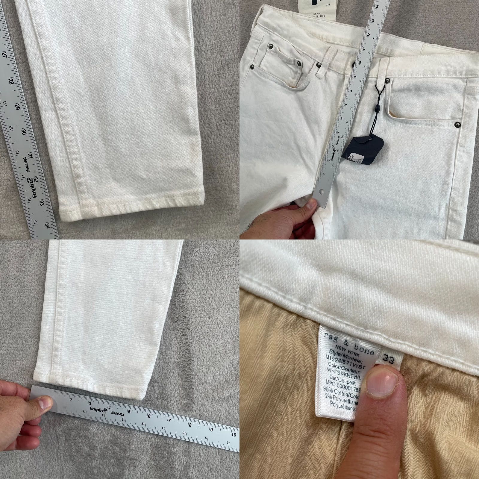 Rag & Bone Rag & Bone Jeans Men 33x34 White Button Fly Fit 1 Extra Slim NWT Size US 33 - 10 Thumbnail