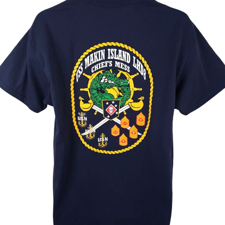 Hanes USS Makin Island LHD8 T Shirt Mens Size Large Blue Chiefs Mess US Navy Amphibious Assault Ship T-Shirt Mens Blue Navy USN Military Wasps Size US L / EU 52-54 / 3 - 4 Thumbnail