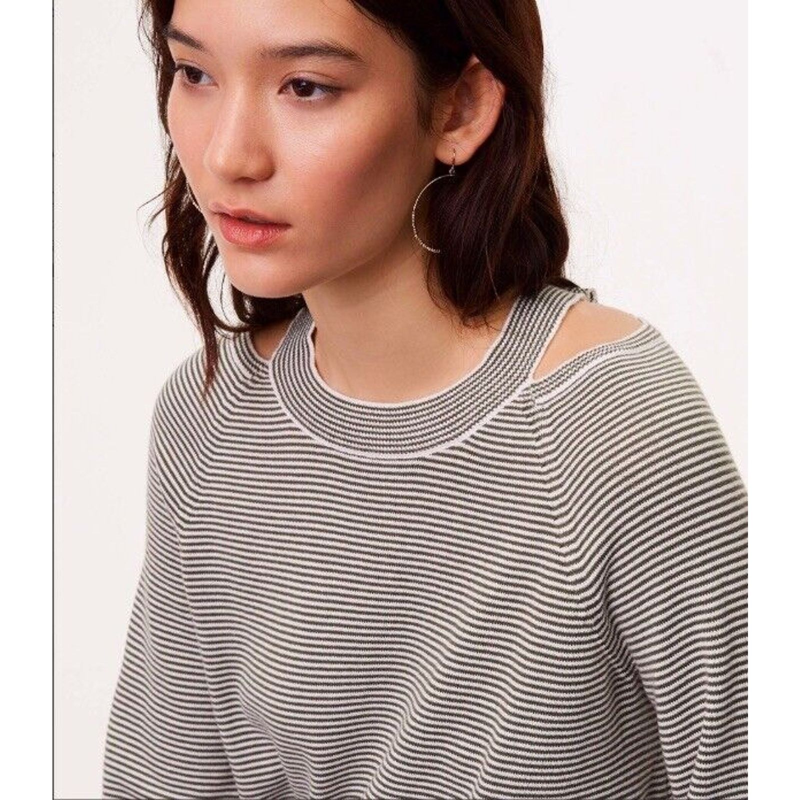Loft LOFT Striped Cutout Swing Sweater Gray White Flare Ribbed M Size M / US 6-8 / IT 42-44 - 11 Thumbnail