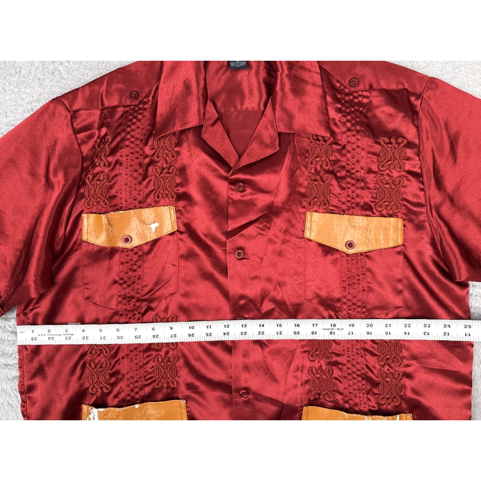 Vintage Western Max Shirt Mens XL Red Satin Short Sleeve Button Up Embroidered Pockets Size US XL / EU 56 / 4 - 7 Thumbnail