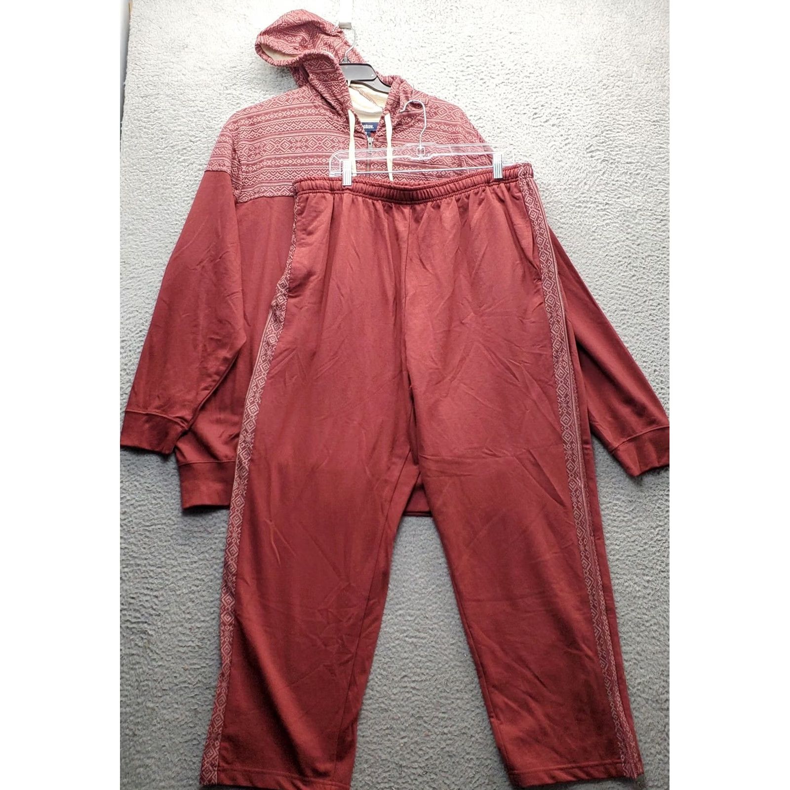 Vintage KINGSIZE 2 Piece Track Suit Mens Big 2XL Dark Red Aztec Oversized Full Zip Hoodie Track Pants Mens Size 2XL Red Aztec Tracksuit Adult Mens Nike Size 48R - 2 Thumbnail