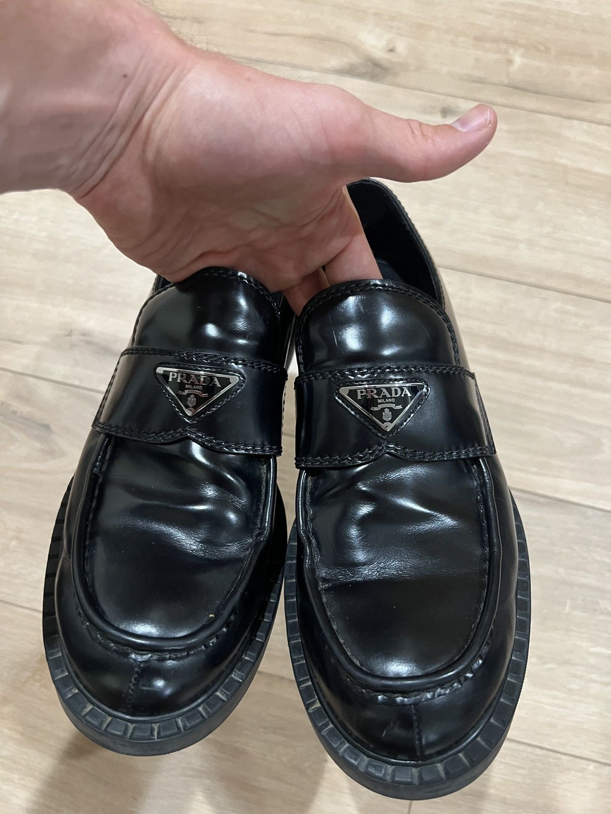 Prada Prada Black Chocolate Brushed Leather Loafers w Box Dust Bag Size US 9.5 / EU 42-43 - 8 Thumbnail
