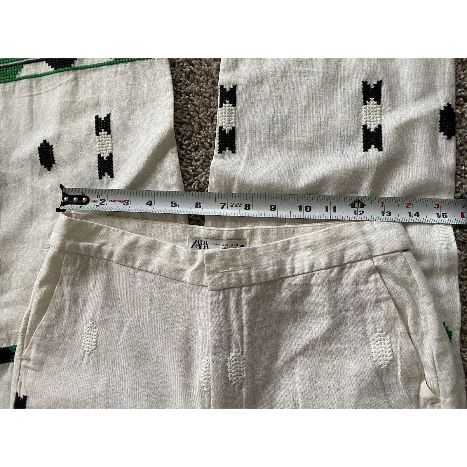 Zara Linen Pants From Zara w green embroidered Aztec Designs Size 28" / US 6 / IT 42 - 5 Thumbnail