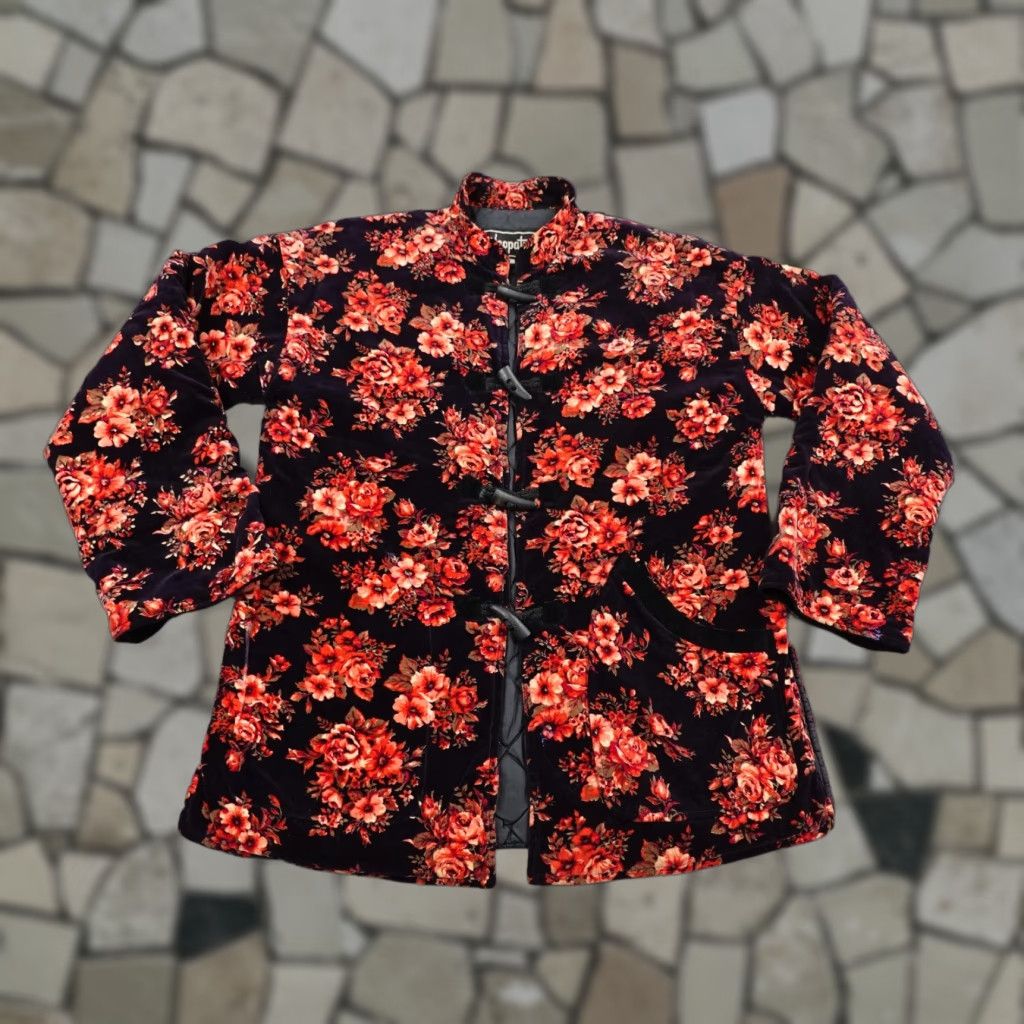 Velvet VINTAGE Cleopatra Jacket Womens 12 Black Red Floral Velvet Quilt Lined Toggle Coat Mid-Length Pockets - Womens Size XL / US 12-14 / IT 48-50 - 1 Thumbnail