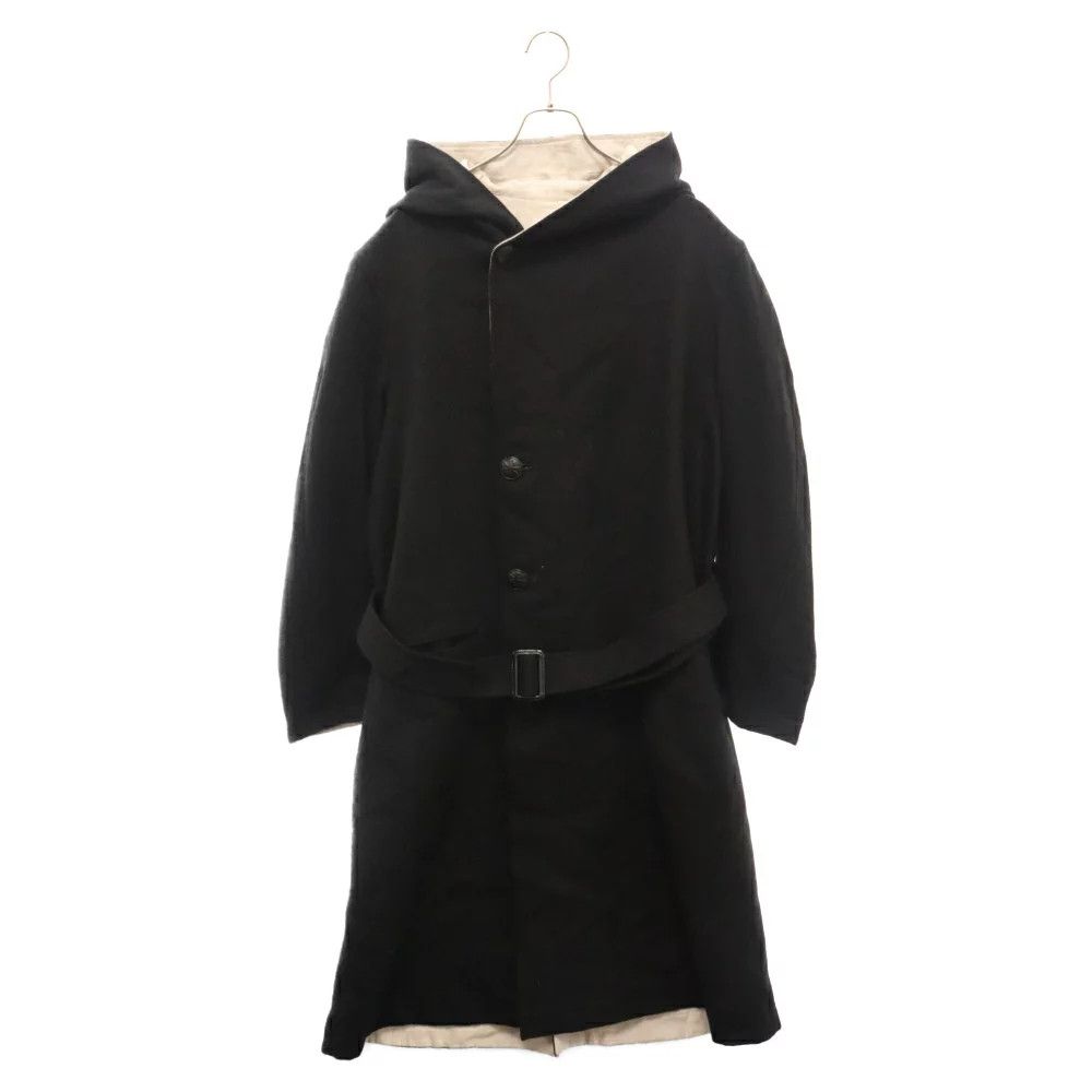 image of Yohji Yamamoto Pour Homme 22Aw Belted Hooded Coat in Ivory Black, Men's (Size Small)