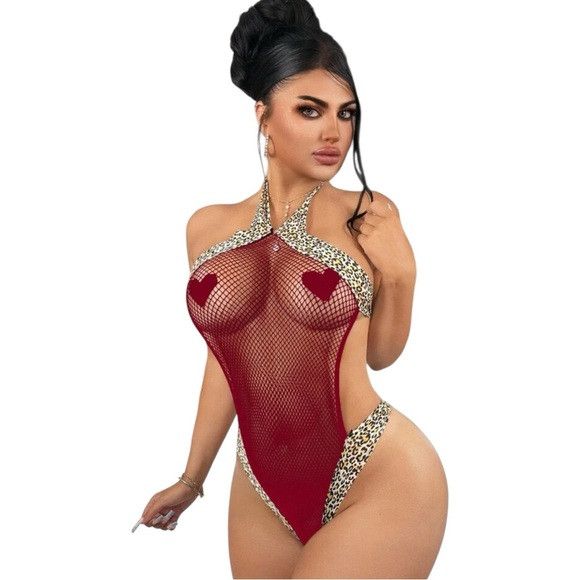 Other Women Burgundy Halter High Stretch Leopard Neck Bodysuit Size ONE SIZE - 4 Thumbnail