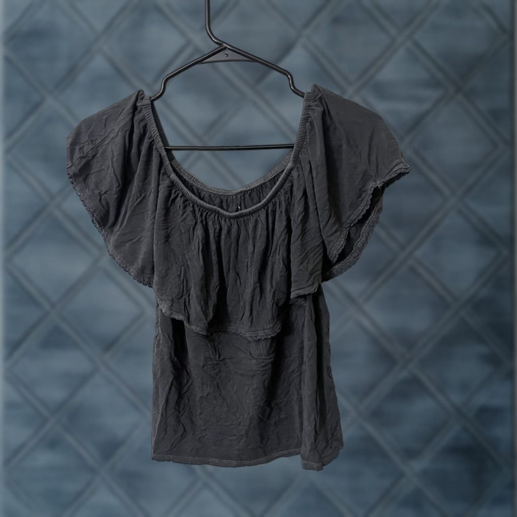 American Eagle Outfitters American Eagle Outfitters Shirt Off-Shoulder Gray XXS Women's Flounce Button Tunic Size XXS / US 00 / IT 34 - 1 Thumbnail