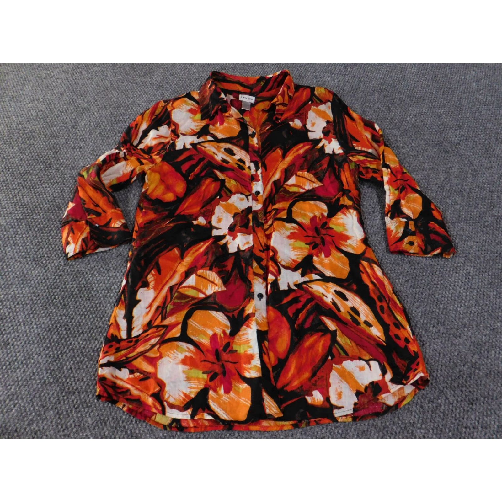 Vintage Chicos Blouse Shirt Womens 2 Orange Red Floral Linen Button Up Tunic Top Blouse Womens Regular 2 Orange Red Floral Linen Button Up Tunic Top Size XS / US 0-2 / IT 36-38 - 3 Thumbnail
