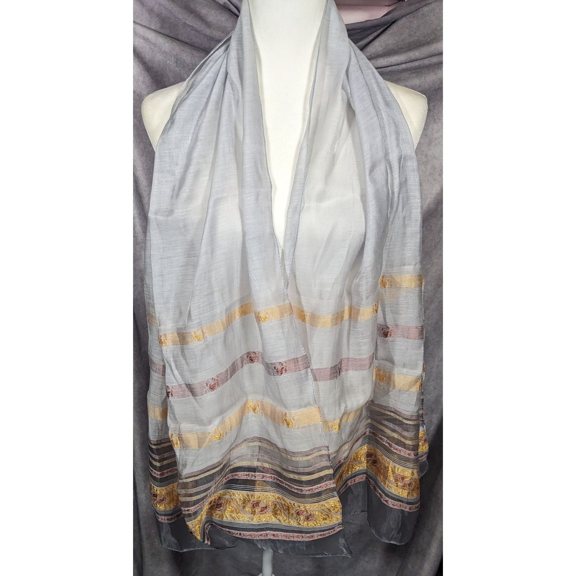 Other Semi Sheer Grey And Gold Metallic Striped Scarf Size ONE SIZE - 7 Thumbnail