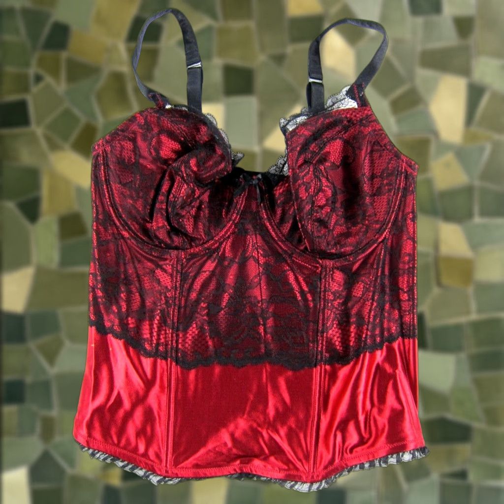 Vintage NWT Cacique Top Bustier Corset Lace Floral Ruby Red Black 14/16 Womens Size XL / US 12-14 / IT 48-50 - 1 Thumbnail