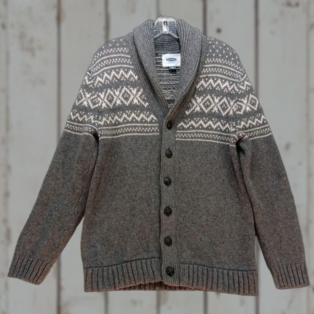 Old Navy Old Navy Fair Isle Grandpa Knit Cardigan Sweater Men L Grey White Size US L / EU 52-54 / 3 - 1 Thumbnail