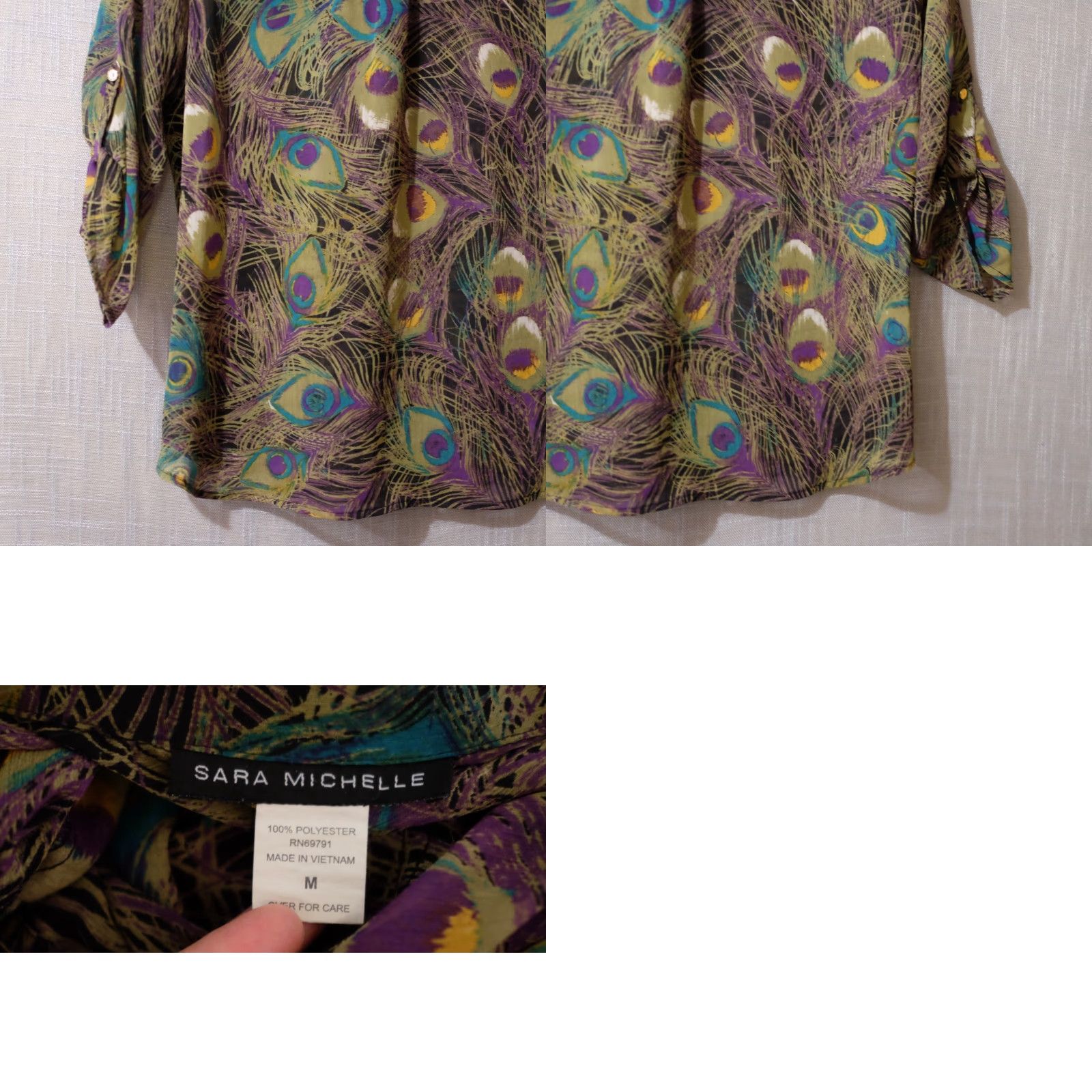 Vintage Sara Michelle Blouse Geometric Print 3/4 Rolltab Sleeve Peacock M Women's Shirt Casual Workwear XS? Size M / US 6-8 / IT 42-44 - 8 Thumbnail