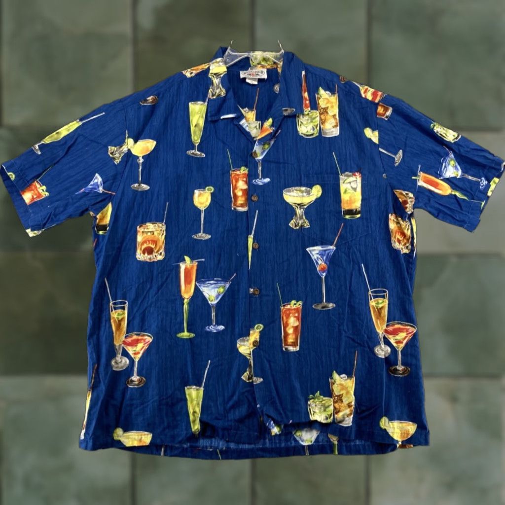 Vintage Vintage Legend Hawaiian Shirt Men 2XL Short Sleeve Blue Cocktails Summer Vacation Size US 39 - 1 Thumbnail