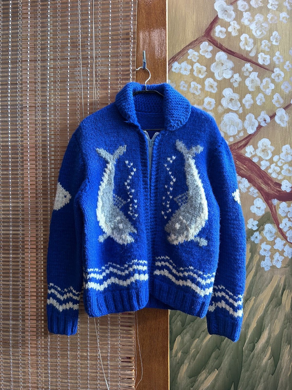 image of Vintage 60’S Cowichan Handknitted Fishing Whale Wool Cardigan Jacket in Blue/White (Size Medium)