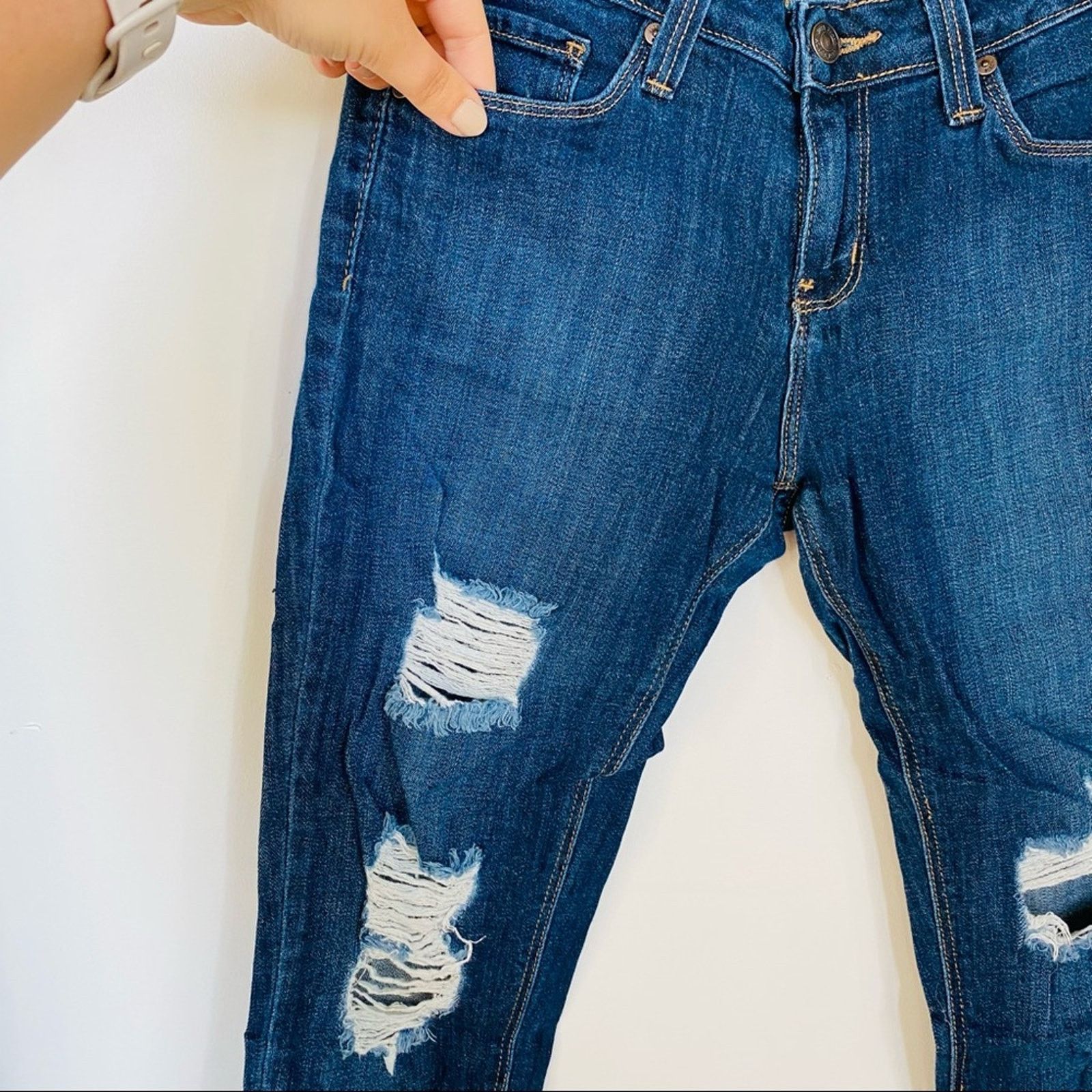 Lululemon JUST BLACK Blue Distressed Ripped Skinny Low Rise Denim Jean Size 27" / US 4 / IT 40 - 10 Thumbnail