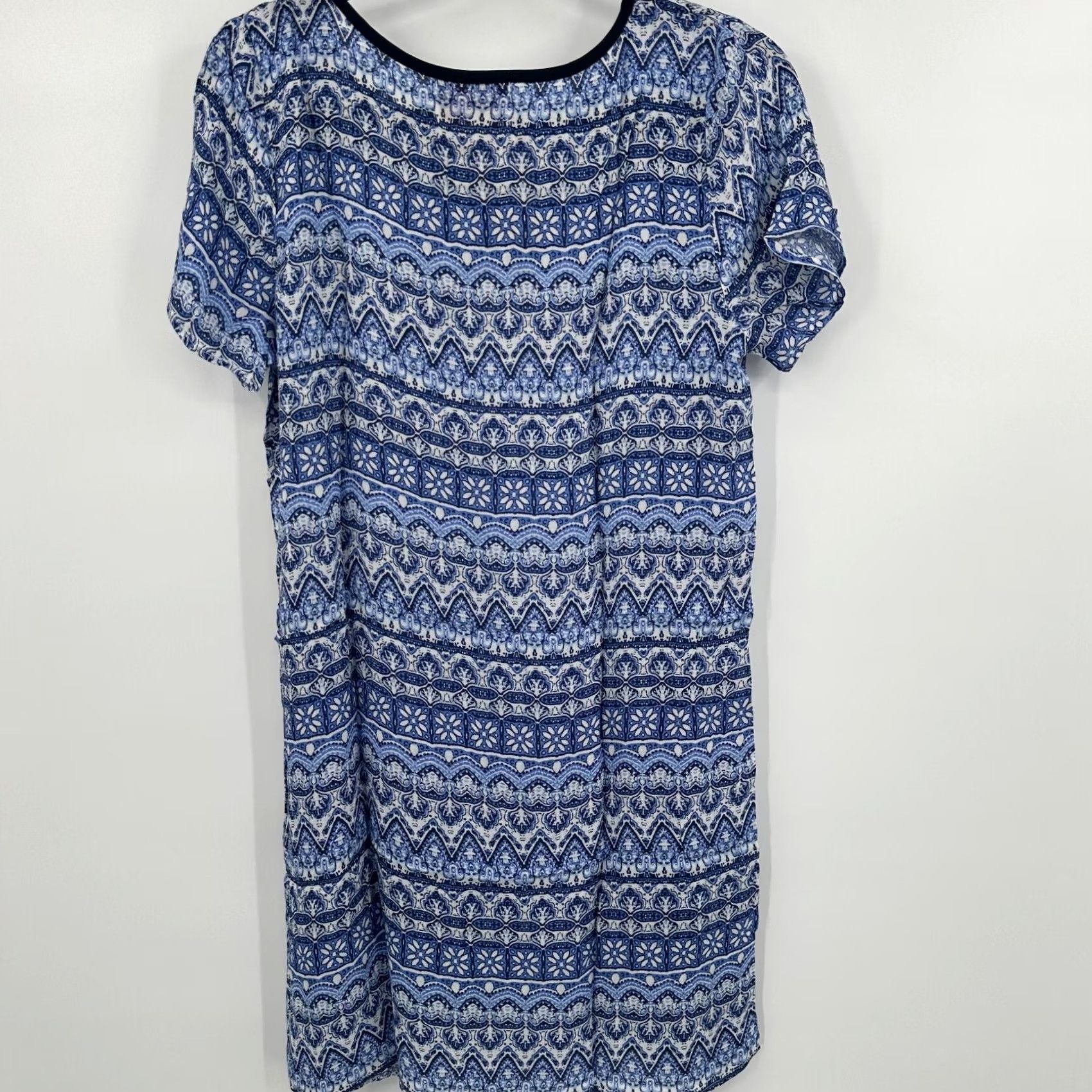 Vintage Skies Are Blue Shift Dress Geometric Blue Short Sleeve V Neck Women's M Size 32" / US 10 / IT 46 - 2 Thumbnail